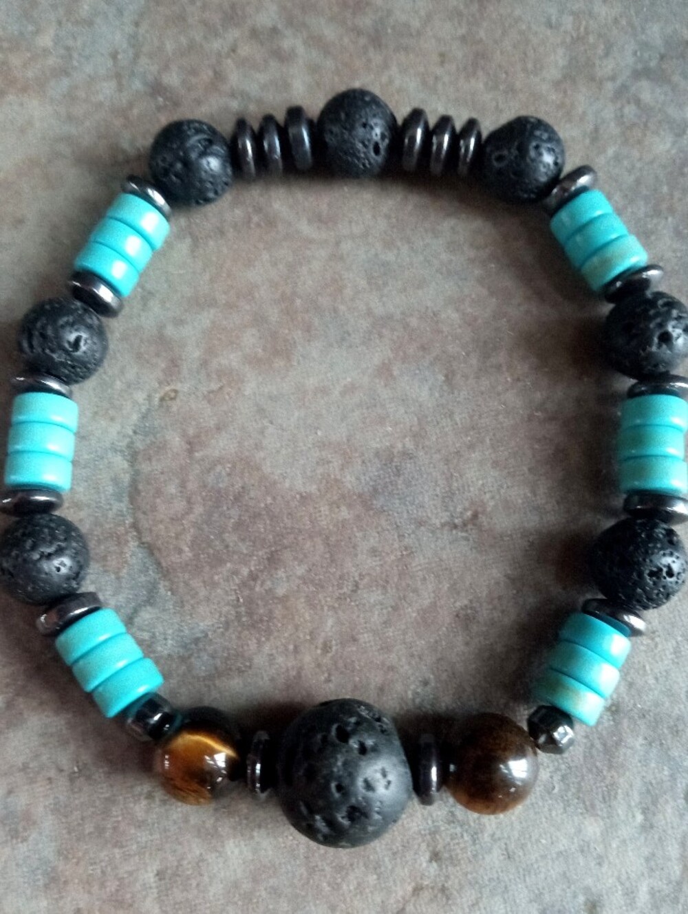 Men's Turquoise & Black Lava Bead Stretch Bracelet - Unbranded